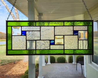 Rectangular Stained Glass Window Panel Lime Green, Dark Blue, Clear Bevels, Textured Clears Approx 18" x 7" Made To Order Ships in 5 Weeks