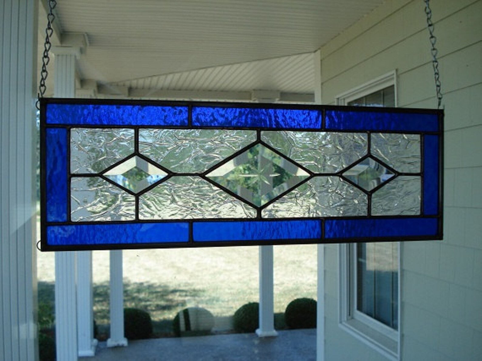 Stained Glass Window Panel Deep Blue Transom Beveled Etsy