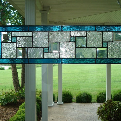 Stained Glass Transom Window Hanging Panel Blue Geometric Etsy