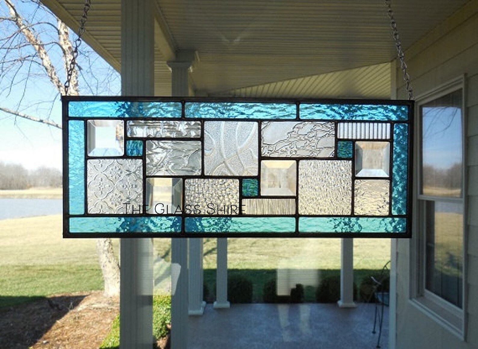 Stained Glass Window Hanging Panel Aqua Blue Etsy