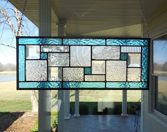 Stained Glass Window Hanging Panel Aqua Blue