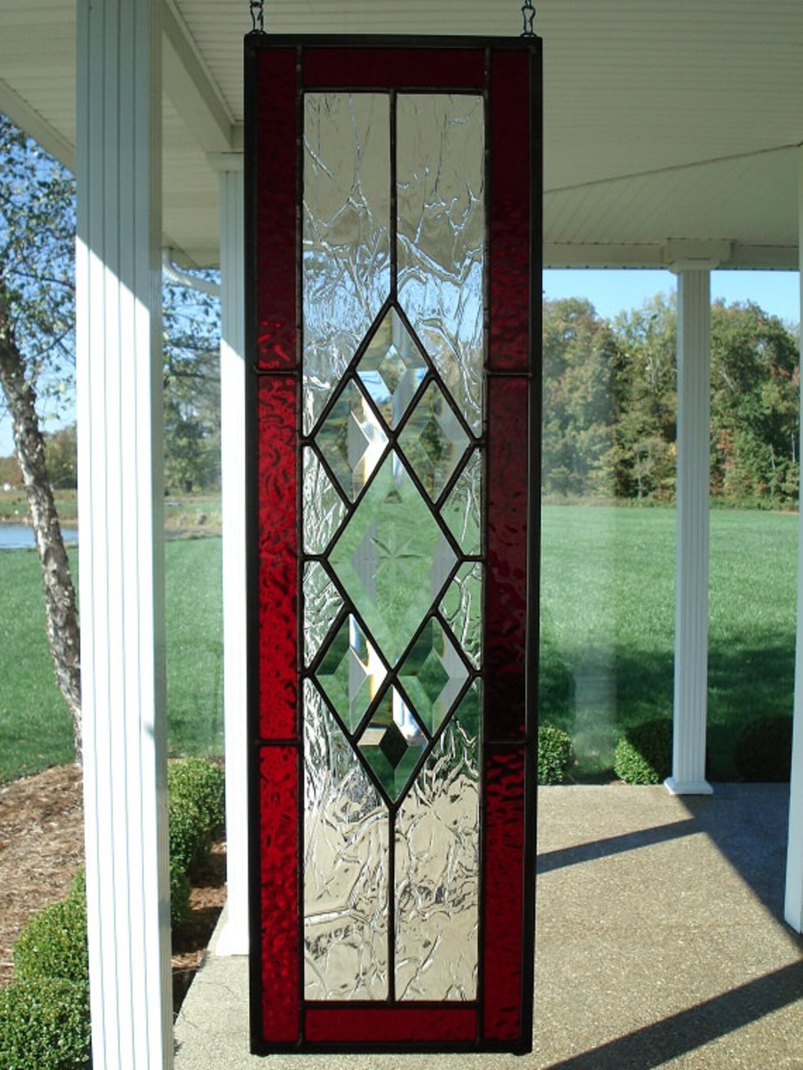 Stained Glass Panel Window Transom with Red & Bevels Etsy