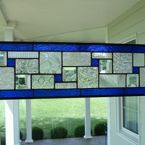 Stained Glass Panel Deep Blue Window Transom Approx 25 inches x 7 inches