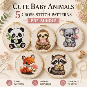 Peut inclure: Un lot de 5 modèles de point de croix représentant des bébés animaux mignons, dont un panda, un paresseux, un koala, un renard et un raton laveur. Chaque motif est présenté dans un tambour à broder. Le texte indique Cute Baby Animals.