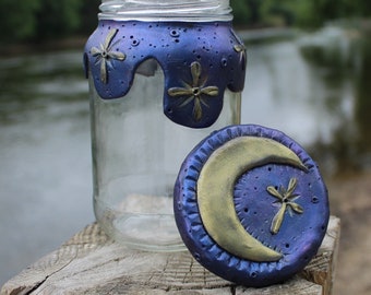 Handmade Upcycled Mystic Crescent Moon Tie Dye Galaxy Whimsigoth Recycled Fairy Trinket Jar Wiccan Witchy y2k 90s Polymer Clay Jar