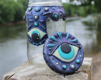 As Above - So Below Handmade Upcycled Recycled Fairy Glow in the Dark Mystic Evil Eye Trinket Jar Wiccan Witchy Polymer Clay Jar