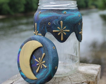 Handmade Upcycled Mystic Crescent Moon Tie Dye Galaxy Whimsigoth Recycled Fairy Trinket Jar Wiccan Witchy y2k 90s Polymer Clay Jar