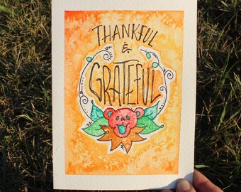 Original Thankful And Grateful Dancing Bear Watercolor Painting Card Blank Inside Hippie Tie Dye Gratitude Dead Thanksgiving Inspired