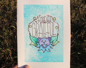 Original Thankful And Grateful Dancing Bear Watercolor Painting Card Blank Inside Hippie Tie Dye Gratitude Dead Thank You