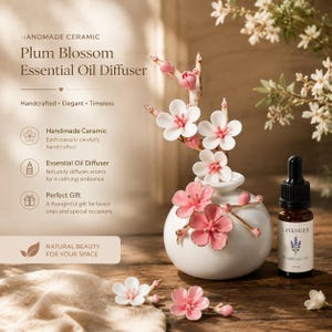 Ceramic Plum Blossom Essential Oil Diffuser, Pink And White Floral Tabletop Decor