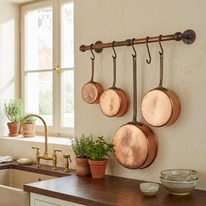 Copper Pot Rack Wall Mounted, Aged Copper Kitchen Rail with S Hooks .