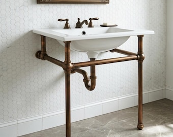 Base de consola de lavabo de cobre envejecido, soporte de tocador de baño de pared, marco de lavabo rústico hecho a mano