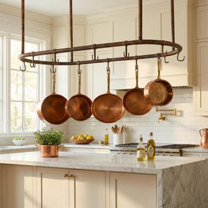 May include: An oval-shaped, dark metal hanging pot rack suspended from the ceiling, featuring multiple hooks. Five round copper pans with long handles are suspended from the rack. The rack is positioned above a kitchen island with a marble countertop.