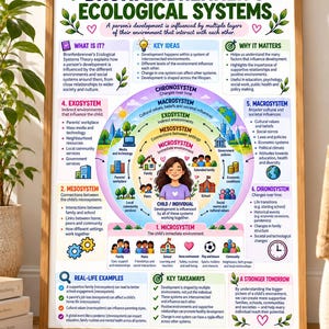 Könnte beinhalten: Ein gerahmtes Lehrplakat mit dem Titel Bronfenbrenner's Ecological Systems, das ein zentrales Diagramm aus konzentrischen Kreisen zeigt, welches das Mikrosystem, Mesosystem, Exosystem, Makrosystem und Chronosystem mit bunten Symbolen und Text darstellt.