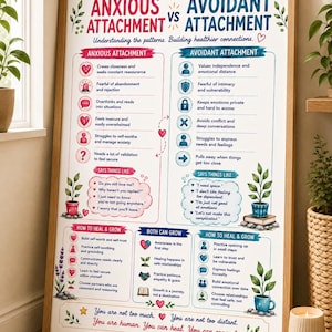 May include: A framed educational poster titled Anxious vs Avoidant Attachment. The chart compares attachment styles with lists of traits, common phrases, and healing steps. It features icons, floral illustrations, and text in red and blue.