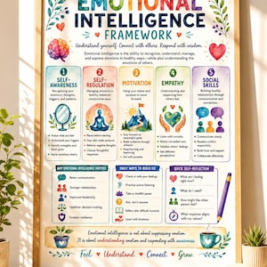 May include: A framed educational poster titled Emotional Intelligence Framework with colorful watercolor illustrations. It outlines five key components: self-awareness, self-regulation, motivation, empathy, and social skills, along with daily reflection prompts and tips.