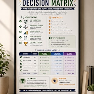 May include: A framed educational poster titled DECISION MATRIX with a white background, dark blue and green text, and colorful icons. It explains how to use a decision matrix, provides a sample table comparing three options, and includes tips.