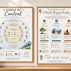 May include: Two framed educational posters with light wood frames. The left poster titled Circle of Control features a circular diagram with text and icons. The right poster titled The Methodology of Letting Go, Changing & Accepting includes three numbered sections with illustrations and text.