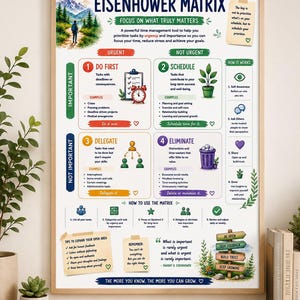 May include: A framed educational poster titled The Eisenhower Matrix, featuring a four-quadrant grid for time management. It includes colorful illustrations of mountains, a plant, and icons for tasks, with text explaining how to prioritize urgent and important activities.