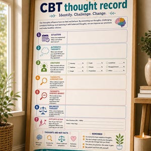 May include: A framed CBT thought record poster featuring a structured seven-step guide to identify, challenge, and change thoughts. The design includes numbered sections for situation, automatic thoughts, emotions, evidence, and balanced thoughts.