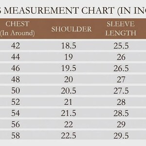 May include: A measurement chart titled MEASUREMENT CHART (IN INCHES) with columns for size, chest, shoulder, sleeve length, and back length. The table lists sizes from XS to 5XL with corresponding numerical values in inches for each category.