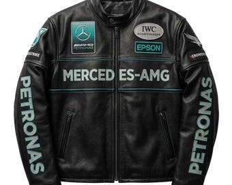 Handmade Mercedes AMG Petronas Style F1 Leather Jacket | Black Formula 1 Racing Gear Unisex