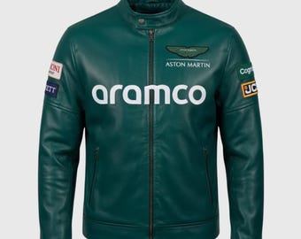 Genuine Leather Aston Martin Racing Jacket | Emerald Green F1 Aramco Style Unisex