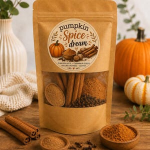 May include: A brown paper stand-up pouch containing pumpkin spice mix, featuring a label with the text "pumpkin Spice dream" and illustrations of a pumpkin, cinnamon sticks, and cloves. The pouch has a clear window showing the spice contents.