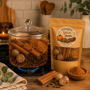 May include: A clear glass pot with a lid containing cinnamon sticks, cloves, and spices sits on a stove burner next to a brown paper pouch labeled Pumpkin Spice dream with a window showing spices and a small wooden bowl of ground spice.