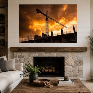 Steel & Sky - Tower Crane Canvas Print, Construction Worker Wall Art, Industrial Man Cave Decor, Builder Gift