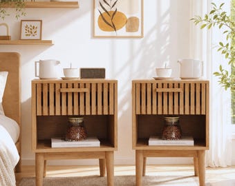 Set of 2 Scandinavian Nightstands Wooden Bedside Tables with Drawer and Shelf Modern Bedroom Furniture. Elegant Stylish Decor