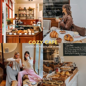 Op de afbeelding: Een collage van vier afbeeldingen met een café-interieur met gebak in een glazen vitrine, een persoon aan een tafel met croissants en koffie, twee zittende personen en een toonbank met de tekst COZY CAFE LIGHTROOM PRESETS FOR MOBILE BY AFTERTONES.
