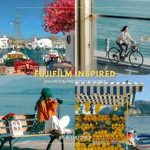 Peut inclure: Un collage numérique présentant quatre scènes : un port avec des bateaux et des fleurs roses, une personne à vélo au bord de la mer, une personne en pull orange avec un appareil photo sur un banc, et un étal de citrons. Texte : FUJIFILM INSPIRED LIGHTROOM PRESETS FOR MOBILE.