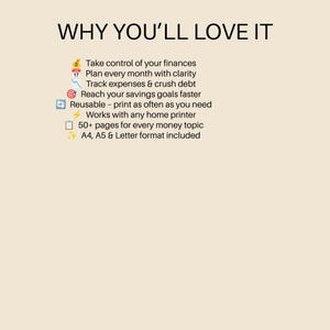 以下が含まれることがあります： WHY YOU'LL LOVE ITという見出しが付いたデジタル財務プランナー文書。財務管理、月次計画、経費追跡、債務削減、貯蓄目標、再利用可能な印刷、家庭用プリンターとの互換性、50ページ以上、A4、A5、およびLetter形式などの機能がリストされています。