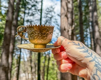 Vintage (set of 4) brass tea cup and saucer set / antique middle eastern ornate cups