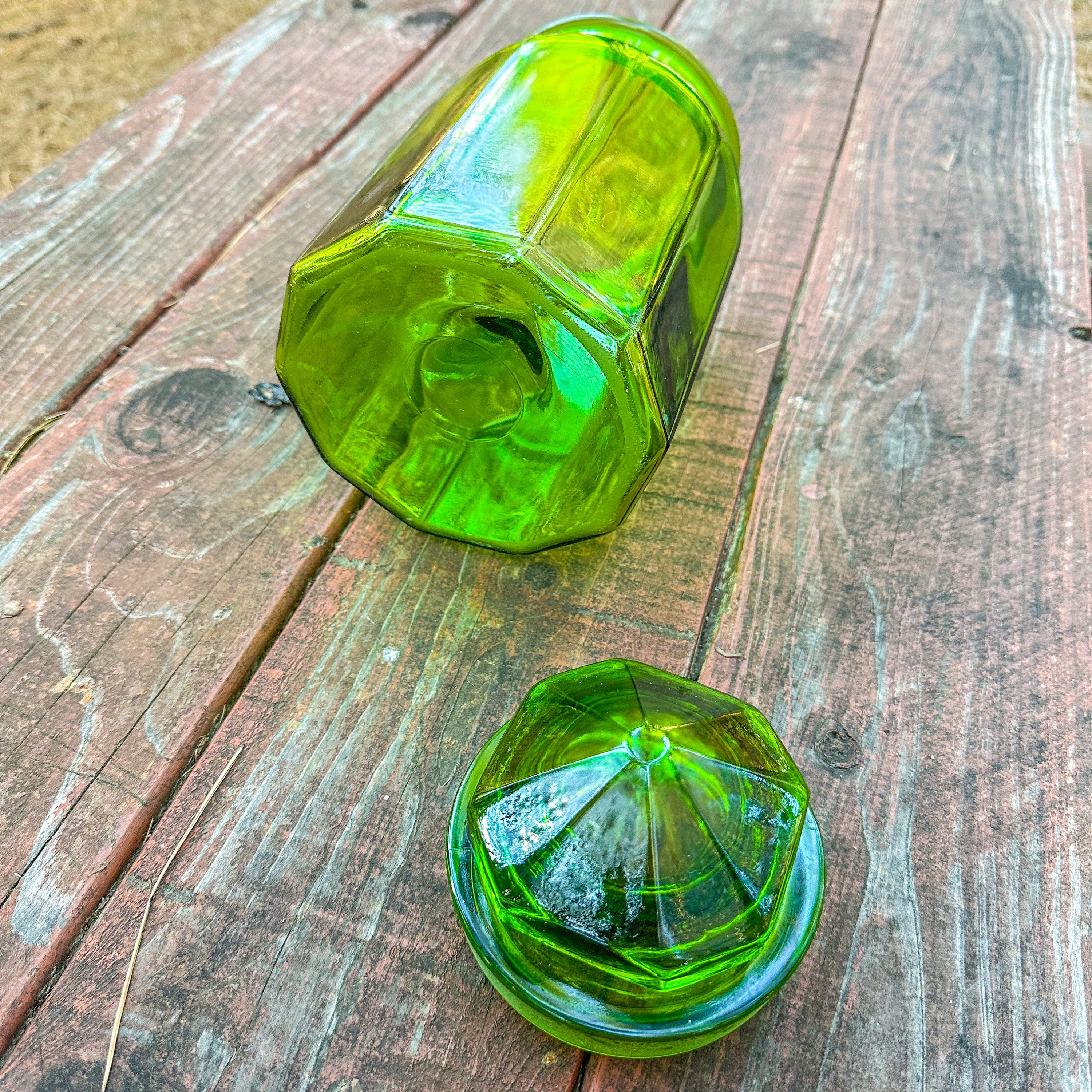 Vintage LE SMITH Green Glass Canister Jar Paneled Pattern 9