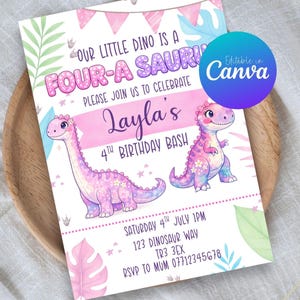 Redigerbar inbjudan till flickig dinosaurie med fyra dinosaurier, mall för 4-årsfest, inbjudningar till flickor med dinosaurier (digital nedladdning)