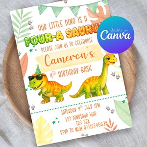 May include: A rectangular birthday invitation card featuring two watercolour dinosaurs, one wearing sunglasses and a party hat. The text reads Our Little Dino Is A Four-A Saurus, Cameron's 4th Birthday Bash, with date, time, and location details included.