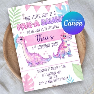May include: A rectangular birthday invitation card featuring pink and purple dinosaur illustrations, green and pink tropical leaves, and pink bunting. The text reads: Our little dino is a five-a-saurus, please join us to celebrate Thea's 5th birthday bash.