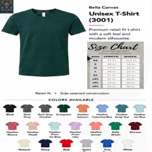 May include: A dark green short-sleeve t-shirt with a crew neckline. The image includes text for Bella Canvas 3001 Unisex T-Shirt, a size chart with measurements in inches, and a color palette showing 24 available shirt color options.