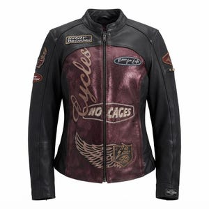 May include: A black and dark red leather jacket featuring a full-length front zip, a mandarin collar, and various embroidered patches including Harley-Davidson, Cycles, No Cages, and Bikers for Life, along with a wing graphic on the front panel.