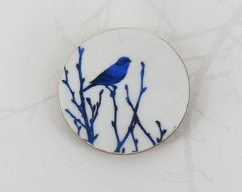 Bird on a Branch Round Wooden Handmade Round Brooch with My Bird Artwork