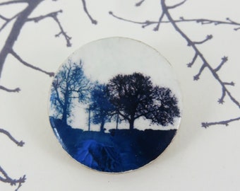 Art Painting Handmade Wood Tree Line Landscape Silhouette Brooch