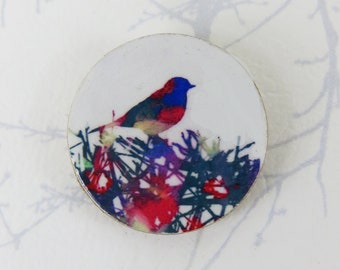 Bird on a Branch Round Wooden Handmade Round Brooch with My Bird Artwork