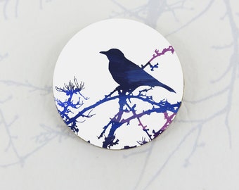Bird on a Branch Round Wooden Handmade Round Brooch with My Bird Artwork