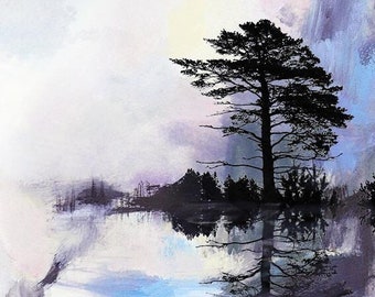 Tree on a Misty Lake Art Print Painting Graphic Art Sky Landscape Expressive