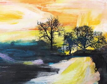 Sunset Sunrise over a Field with Trees Art Print Painting Graphic Art Sky Landscape Expressive