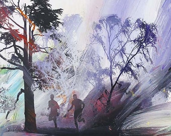 Running Men Art Print Painting Graphic Art Tree Landscape Expressive
