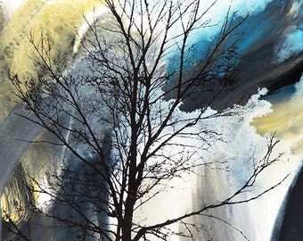 Tree and Waterfall Art Print Painting Graphic Art Sky Landscape Expressive