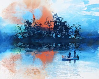Fishing at Dawn Boat on a Lake with Men Fishing with an Island and Trees Art Print Painting Graphic Art Sky Landscape Expressive